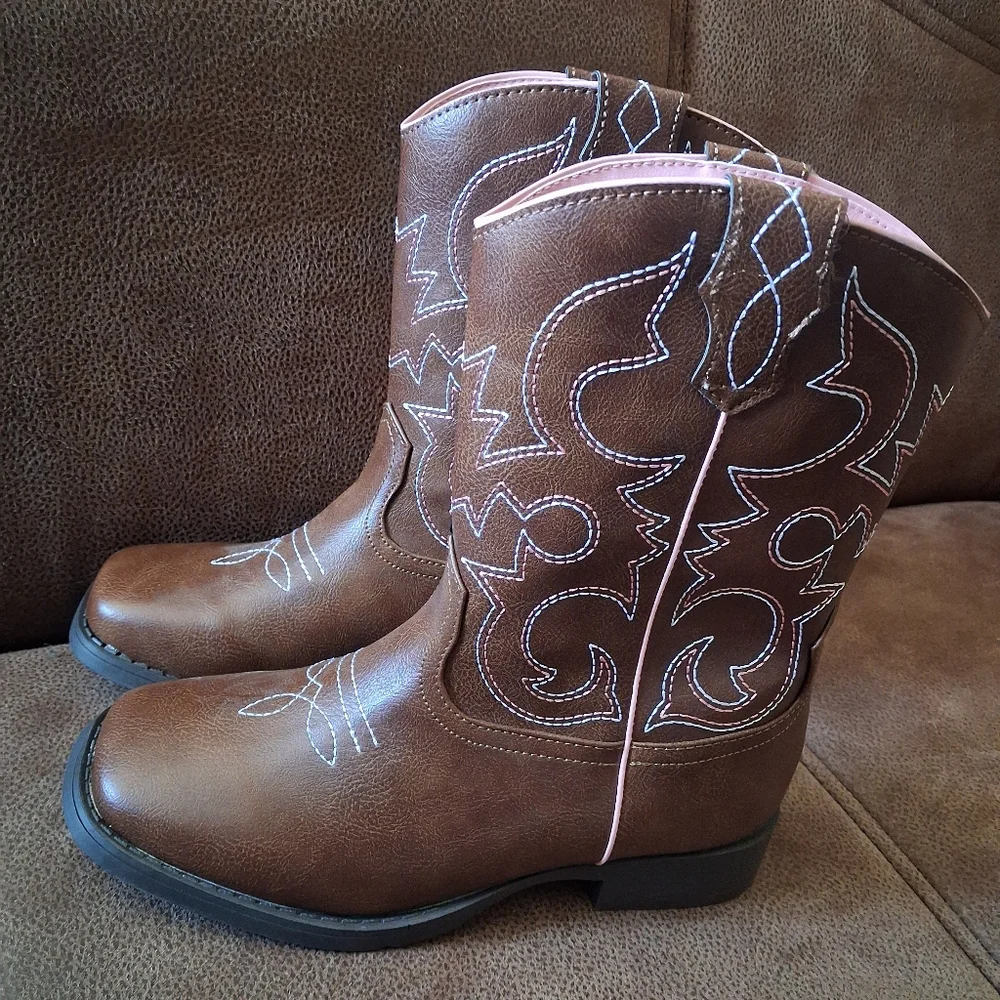 Wonder Nation Classic Brown Western Cowgirl Boots with Pink Trim Girls' Size 3